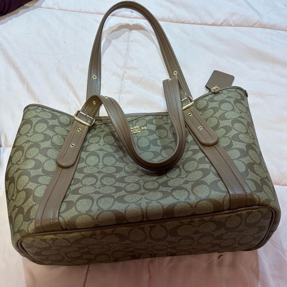 COACH Tote Bag Ashton Logo Zip Top Tote Bag Khaki Saddle - Picture 7 of 7